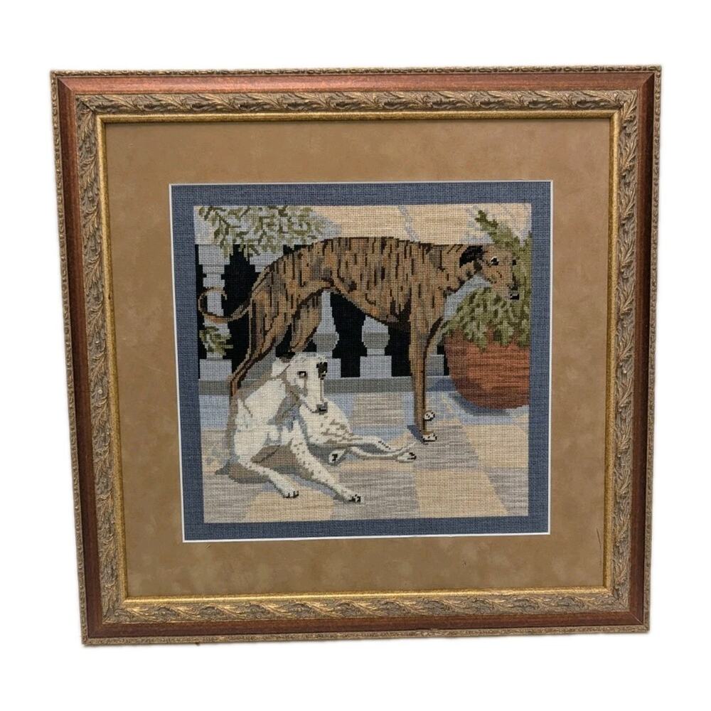 Barbara Russell Finished Needlepoint Greyhounds Framed Art 18x18" Vintage